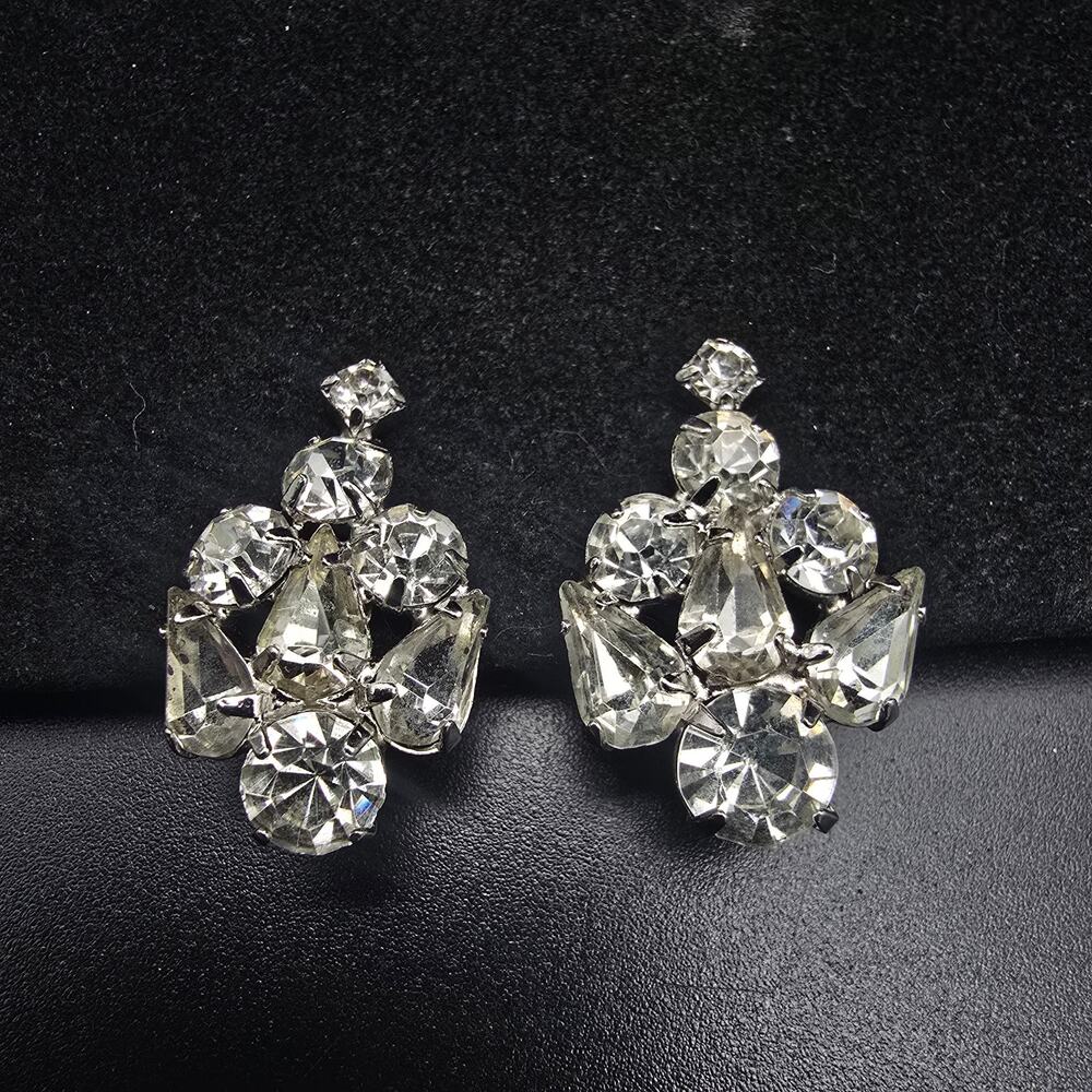 Clear Rhinestone Clip On Earrings Vintage Glam Costume Jewelry
